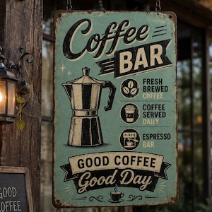 May include: A rectangular metal sign with a teal background featuring a black moka pot illustration and the text Coffee BAR, FRESH BREWED COFFEE, COFFEE SERVED DAILY, ESPRESSO BAR, and GOOD COFFEE Good Day, with a small coffee cup icon at the bottom.