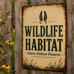 May include: A rectangular metal sign with a distressed, cream-colored background and dark green text that reads WILDLIFE HABITAT and Native Habitat Preserve. The sign features a graphic of animal tracks at the top and grass at the bottom.