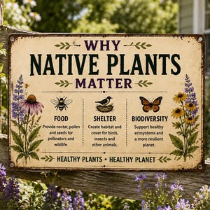 May include: A rectangular metal sign with a cream background and dark text reading WHY NATIVE PLANTS MATTER. It features illustrations of flowers, a bee, a bird in a nest, and a butterfly, with text explaining food, shelter, and biodiversity benefits.