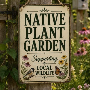 May include: A rectangular metal sign with a cream background and dark green text reading NATIVE PLANT GARDEN Supporting LOCAL WILDLIFE. The sign features illustrations of purple coneflowers, yellow flowers, a small bird, and a butterfly.