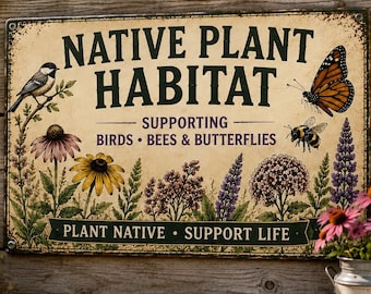 Native Plant Habitat Metal Sign, Pollinator Garden Decor, Bird Bee Butterfly Sign