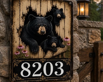 Personalized Black Bear Family Metal Address Sign, Rustic Wildlife Cabin Decor