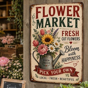 Flower Market Metal Sign, Vintage Floral Watering Can Decor, Farmhouse Garden Wall Art