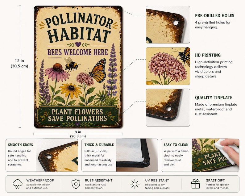 May include: A rectangular metal sign measuring 30.5 cm by 20.3 cm with the text Pollinator Habitat, Bees Welcome Here, and Plant Flowers Save Pollinators. The sign features illustrations of a bee, a butterfly, and various colourful flowers.