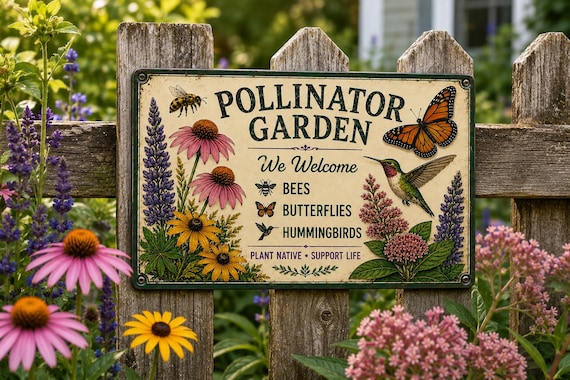 Pollinator Garden Metal Sign, Native Wildflower Decor, Bee Butterfly Hummingbird Plaque