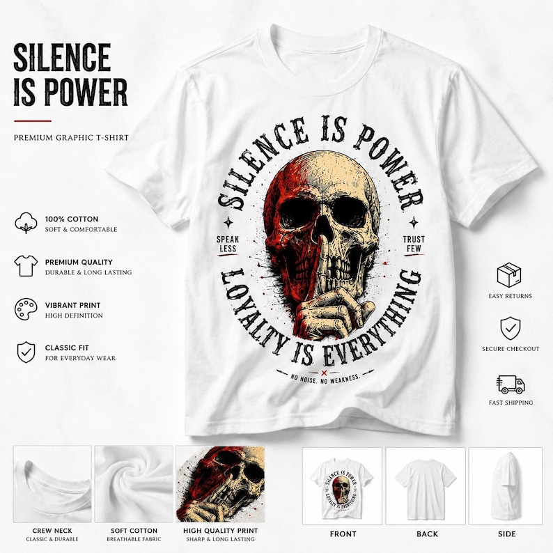 K&ouml;nnte beinhalten: Wei&szlig;es Grafik-T-Shirt mit detailliertem Sch&auml;deldesign. Der Sch&auml;del ist geteilt, eine H&auml;lfte rot und die andere beige. Der Text um den Sch&auml;del lautet "Silence is Power" und "Loyalty is Everything". Das Shirt hat einen Rundhalsausschnitt und ist aus weicher Baumwolle.