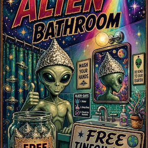 K&ouml;nnte beinhalten: Ein rechteckiges Metallschild mit einem gr&uuml;nen Alien, das einen Aluhut in einem Badezimmer tr&auml;gt. Der Text lautet: WELCOME TO THE ALIEN BATHROOM, WASH YOUR HANDS, ALIEN-SAFE, FREE TINFOIL HATS, BE KIND TO OUR EARTH und FREE TINFOIL HATS TAKE ONE.