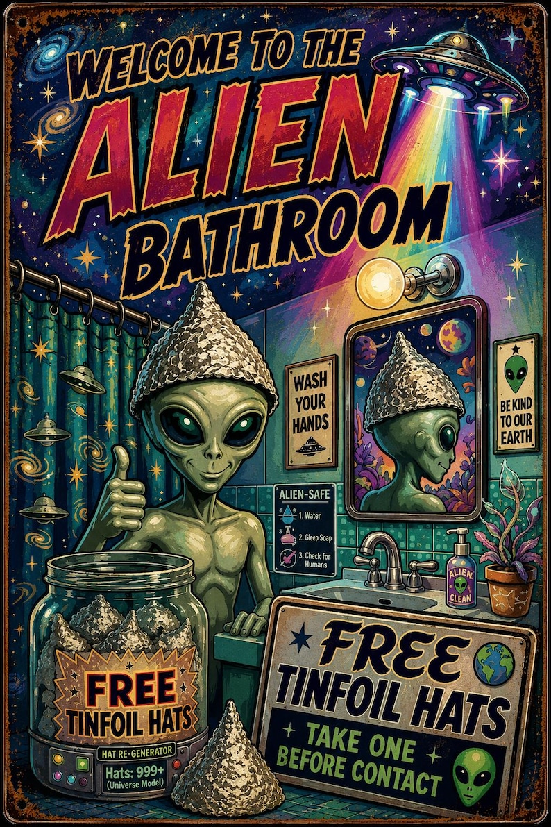 K&ouml;nnte beinhalten: Ein rechteckiges Metallschild mit einem gr&uuml;nen Alien, das einen Aluhut in einem Badezimmer tr&auml;gt. Der Text lautet: WELCOME TO THE ALIEN BATHROOM, WASH YOUR HANDS, ALIEN-SAFE, FREE TINFOIL HATS, BE KIND TO OUR EARTH und FREE TINFOIL HATS TAKE ONE.