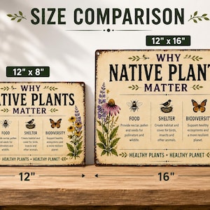 May include: Two rectangular metal signs titled Why Native Plants Matter, featuring illustrations of flowers, a bee, a bird, and a butterfly. The smaller sign measures 12 inches by 8 inches, and the larger sign measures 12 inches by 16 inches.