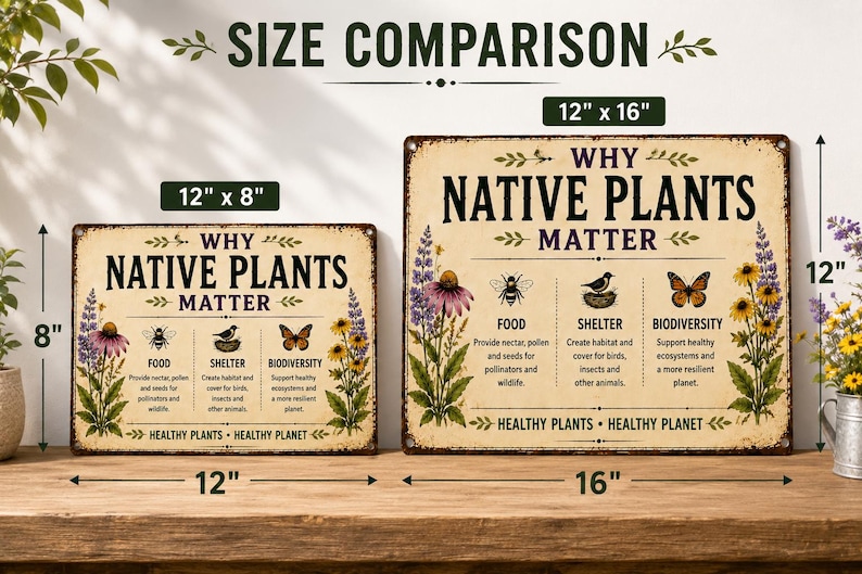 May include: Two rectangular metal signs titled Why Native Plants Matter, featuring illustrations of flowers, a bee, a bird, and a butterfly. The smaller sign measures 12 inches by 8 inches, and the larger sign measures 12 inches by 16 inches.