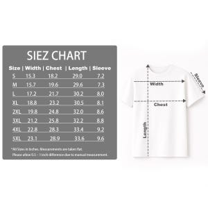 K&ouml;nnte beinhalten: Ein wei&szlig;es T-Shirt mit einer Gr&ouml;&szlig;entabelle. Die Tabelle zeigt die Ma&szlig;e f&uuml;r Breite, Brust, L&auml;nge und &Auml;rmel in Zoll, von Gr&ouml;&szlig;e S bis 5XL. Die Tabelle enth&auml;lt auch eine Abbildung, die die Messpunkte auf dem T-Shirt veranschaulicht.
