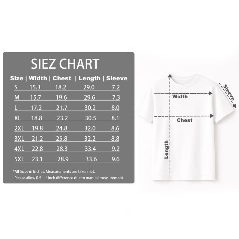 K&ouml;nnte beinhalten: Ein wei&szlig;es T-Shirt mit einer Gr&ouml;&szlig;entabelle. Die Tabelle zeigt die Ma&szlig;e f&uuml;r Breite, Brust, L&auml;nge und &Auml;rmel in Zoll, von Gr&ouml;&szlig;e S bis 5XL. Die Tabelle enth&auml;lt auch eine Abbildung, die die Messpunkte auf dem T-Shirt veranschaulicht.