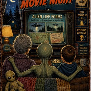 K&ouml;nnte beinhalten: Ein Metallschild mit dem Titel Alien Movie Night zeigt eine Familie aus zwei Menschen und einem Alien, die fernsehen. Auf dem Bildschirm stehen Alien Life Forms, Case File #47A und Koordinaten. Eine Alien-Puppe sitzt auf einer Decke.