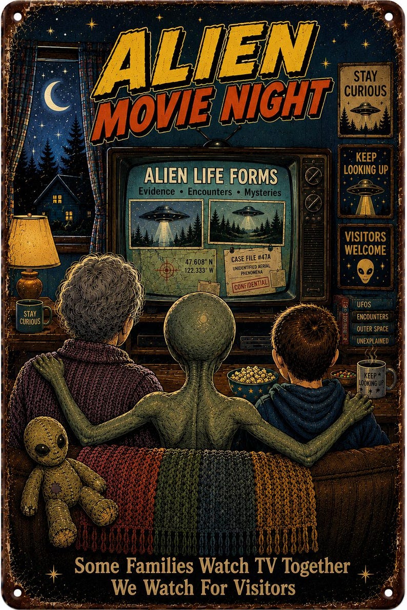 K&ouml;nnte beinhalten: Ein Metallschild mit dem Titel Alien Movie Night zeigt eine Familie aus zwei Menschen und einem Alien, die fernsehen. Auf dem Bildschirm stehen Alien Life Forms, Case File #47A und Koordinaten. Eine Alien-Puppe sitzt auf einer Decke.