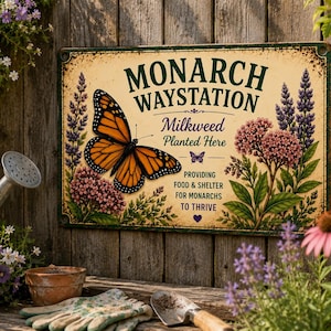 Monarch Waystation Metal Sign, Butterfly Garden Decor, Milkweed Plaque, Pollinator Habitat Art image 2