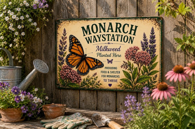 Monarch Waystation Metal Sign, Butterfly Garden Decor, Milkweed Plaque, Pollinator Habitat Art image 2