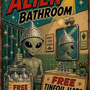 K&ouml;nnte beinhalten: Ein rechteckiges Metallschild mit der Aufschrift WELCOME TO THE ALIEN BATHROOM zeigt einen grauen Au&szlig;erirdischen mit Aluhut, der den Daumen hochh&auml;lt. Das Bild enth&auml;lt ein Glas mit Aluh&uuml;ten, ein Waschbecken, einen Spiegel und Hinweisschilder.