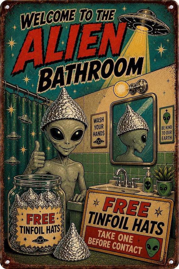 Alien Bathroom Tin Sign: Free Tinfoil Hats Welcome Metal Art