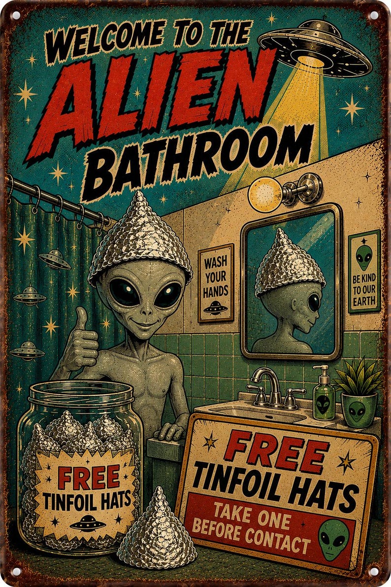 K&ouml;nnte beinhalten: Ein rechteckiges Metallschild mit der Aufschrift WELCOME TO THE ALIEN BATHROOM zeigt einen grauen Au&szlig;erirdischen mit Aluhut, der den Daumen hochh&auml;lt. Das Bild enth&auml;lt ein Glas mit Aluh&uuml;ten, ein Waschbecken, einen Spiegel und Hinweisschilder.