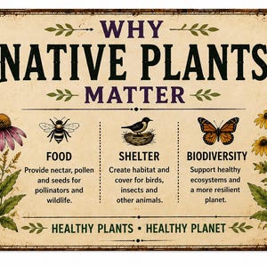 May include: A rectangular metal sign with a cream background and rusted edges. The text reads WHY NATIVE PLANTS MATTER. It features illustrations of purple and yellow wildflowers, a bee, a bird in a nest, and a butterfly, with text explaining food, shelter, and biodiversity benefits. The bottom text reads HEALTHY PLANTS &bull; HEALTHY PLANET.
