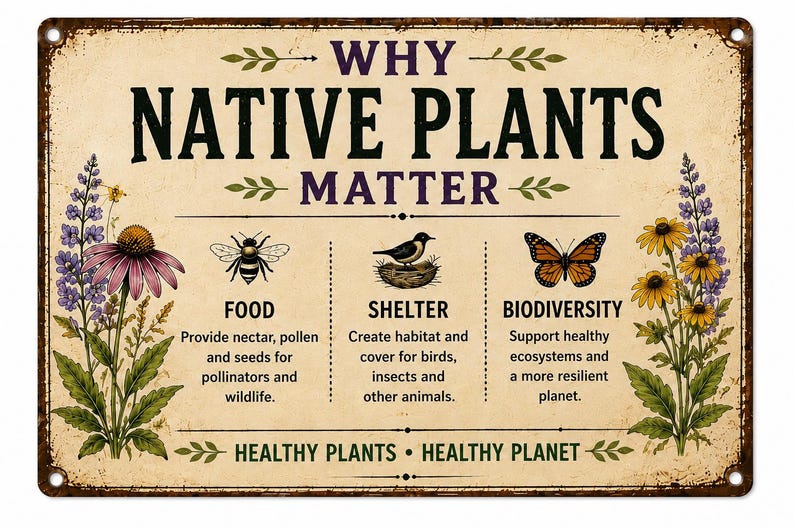 May include: A rectangular metal sign with a cream background and rusted edges. The text reads WHY NATIVE PLANTS MATTER. It features illustrations of purple and yellow wildflowers, a bee, a bird in a nest, and a butterfly, with text explaining food, shelter, and biodiversity benefits. The bottom text reads HEALTHY PLANTS &bull; HEALTHY PLANET.