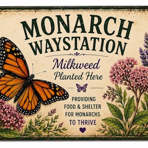 May include: A rectangular metal sign with a distressed cream background featuring a large orange and black monarch butterfly, purple and pink flowers, and green foliage. The text reads MONARCH WAYSTATION, Milkweed Planted Here, and PROVIDING FOOD & SHELTER FOR MONARCHS TO THRIVE.