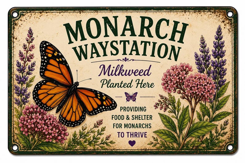 May include: A rectangular metal sign with a distressed cream background featuring a large orange and black monarch butterfly, purple and pink flowers, and green foliage. The text reads MONARCH WAYSTATION, Milkweed Planted Here, and PROVIDING FOOD & SHELTER FOR MONARCHS TO THRIVE.