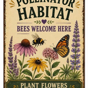 May include: A rectangular metal sign with a distressed cream background featuring the text POLLINATOR HABITAT BEES WELCOME HERE and PLANT FLOWERS SAVE POLLINATORS. The illustration shows a bumblebee, a monarch butterfly, and various flowers.