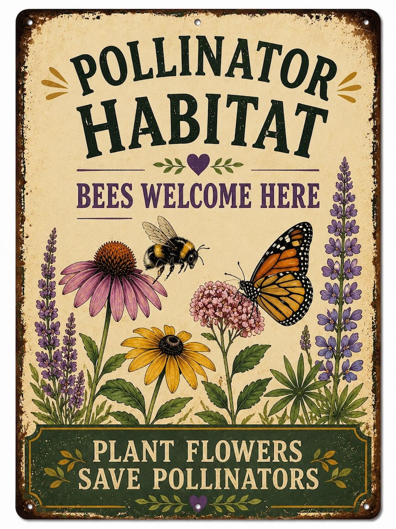 May include: A rectangular metal sign with a distressed cream background featuring the text POLLINATOR HABITAT BEES WELCOME HERE and PLANT FLOWERS SAVE POLLINATORS. The illustration shows a bumblebee, a monarch butterfly, and various flowers.