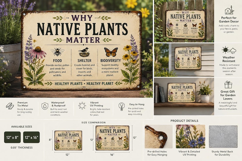May include: A rectangular metal sign with a cream background featuring the text Why Native Plants Matter, illustrations of flowers, a bee, a bird, and a butterfly, with educational text about food, shelter, and biodiversity, plus pre-drilled holes.