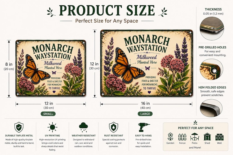 May include: Two rectangular metal signs labeled Monarch Waystation with orange and black butterfly illustrations, pink flowers, and green foliage. The small sign measures 8 inches by 12 inches, and the large sign measures 12 inches by 16 inches.