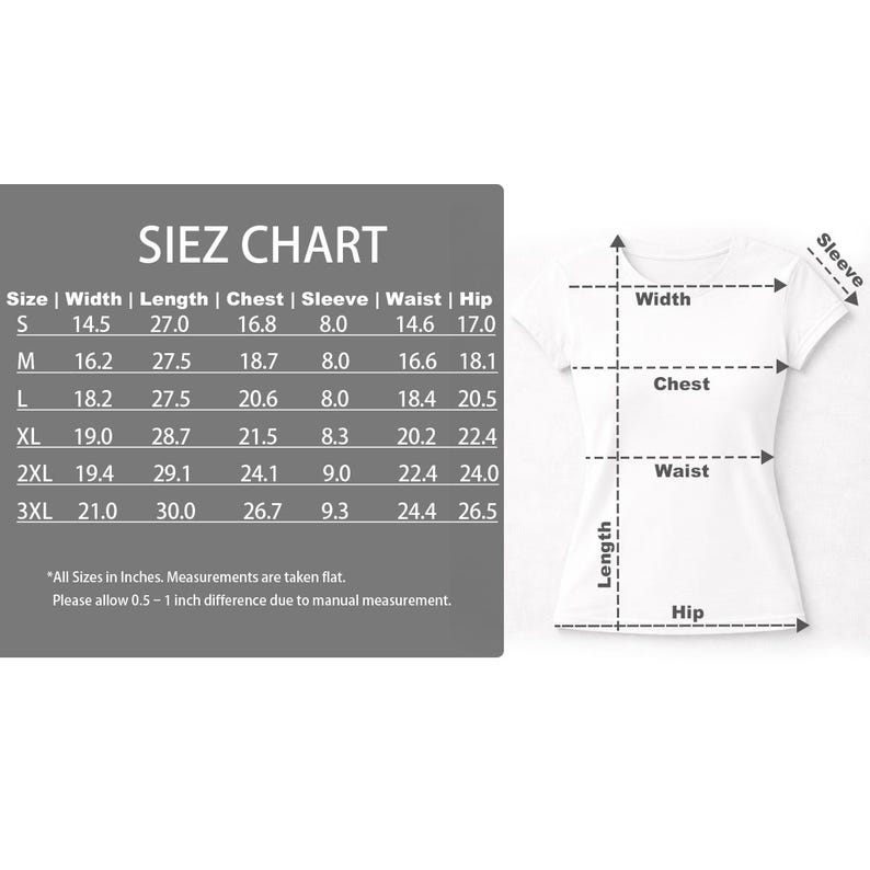 K&ouml;nnte beinhalten: Ein wei&szlig;es T-Shirt mit einer Gr&ouml;&szlig;entabelle. Die Tabelle zeigt Ma&szlig;e in Zoll f&uuml;r Breite, L&auml;nge, Brust, &Auml;rmel, Taille und H&uuml;fte f&uuml;r die Gr&ouml;&szlig;en S bis 3XL. Das Bild zeigt auch eine Diagramm des T-Shirts mit Messbeschriftungen.