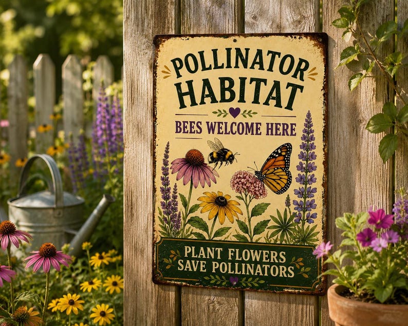 May include: A rectangular metal sign with a cream background featuring the text POLLINATOR HABITAT, BEES WELCOME HERE, and PLANT FLOWERS SAVE POLLINATORS. The design includes illustrations of a bumblebee, a monarch butterfly, and flowers.