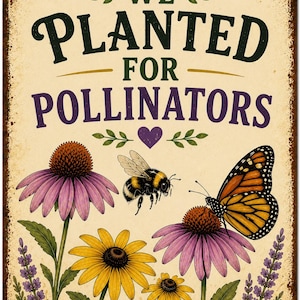 May include: A rectangular metal sign with a distressed cream background featuring the text WE PLANTED FOR POLLINATORS in dark green and purple. The design includes illustrations of purple coneflowers, yellow daisies, lavender, a bumblebee, and a monarch butterfly.