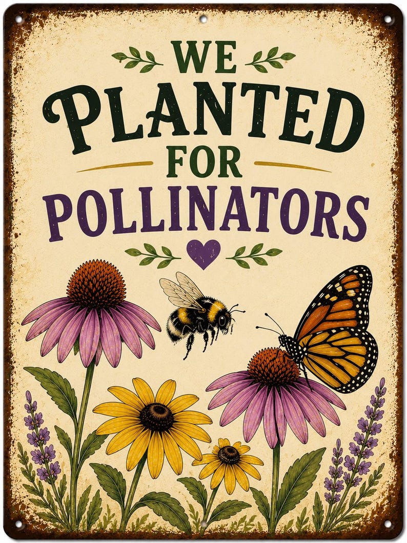 May include: A rectangular metal sign with a distressed cream background featuring the text WE PLANTED FOR POLLINATORS in dark green and purple. The design includes illustrations of purple coneflowers, yellow daisies, lavender, a bumblebee, and a monarch butterfly.