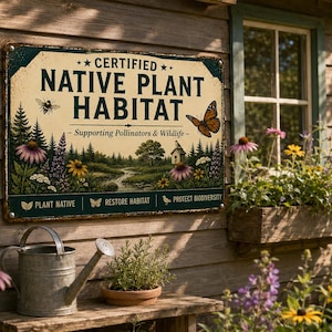 May include: A rectangular metal sign with a cream background and dark green border. It features the text CERTIFIED NATIVE PLANT HABITAT, Supporting Pollinators & Wildlife, and icons with the text PLANT NATIVE, RESTORE HABITAT, PROTECT BIODIVERSITY.