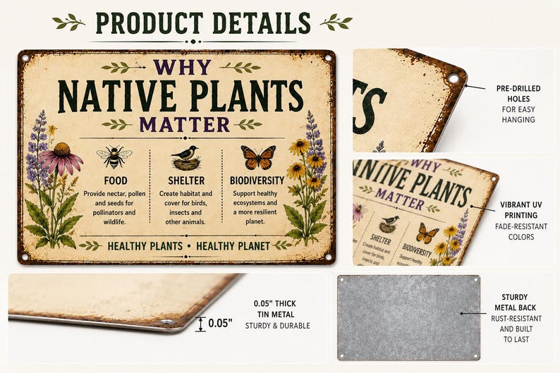 May include: A rectangular tin metal sign with a cream background and distressed edges. The text reads WHY NATIVE PLANTS MATTER, with illustrations of flowers, a bee, a bird in a nest, and a butterfly. It features pre-drilled holes, 0.05 inch thickness, and a gray metal back.