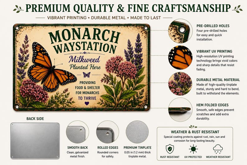 May include: A rectangular metal sign featuring a monarch butterfly, purple and pink flowers, and the text Monarch Waystation, Milkweed Planted Here, Providing Food & Shelter For Monarchs To Thrive. Includes details on pre-drilled holes and material.