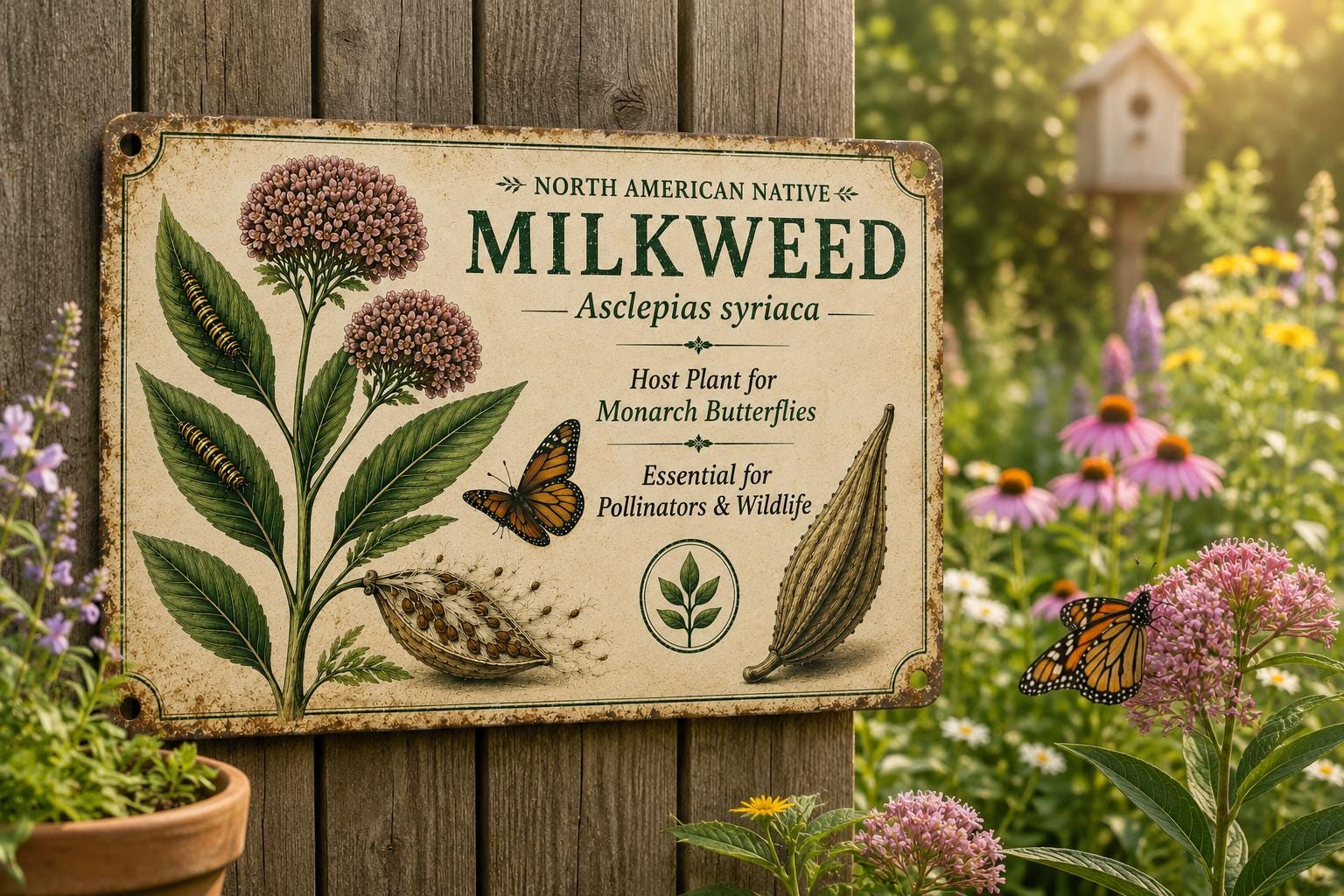 Vintage Milkweed Botanical Metal Sign, Monarch Butterfly Host Plant Garden Decor