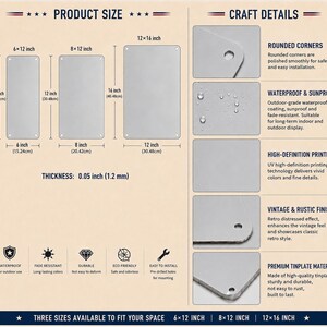 May include: A product information chart for tinplate signs displaying three sizes: 15.24x30.48 cm, 20.42x30.48 cm, and 30.48x40.48 cm, with a thickness of 1.2 mm. Features include rounded corners, waterproof coating, high-definition printing, and pre-drilled holes.
