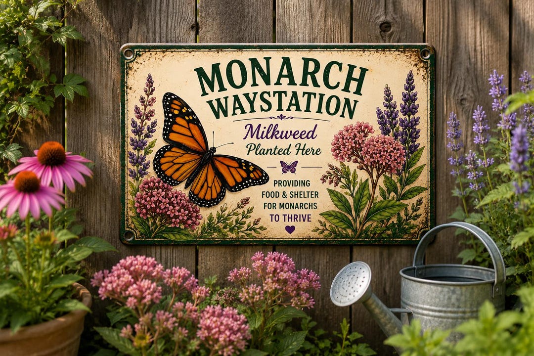 Monarch Waystation Metal Sign, Butterfly Garden Decor, Milkweed Plaque, Pollinator Habitat