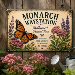May include: A rectangular metal sign featuring a monarch butterfly and the text MONARCH WAYSTATION, Milkweed Planted Here, PROVIDING FOOD & SHELTER FOR MONARCHS TO THRIVE. The sign has a cream background with green and purple floral illustrations.