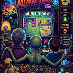 K&ouml;nnte beinhalten: Ein farbenfrohes Poster mit dem Titel ALIEN MOVIE NIGHT, das zwei Personen und einen Alien auf einem Sofa zeigt, die einen Fernseher mit der Aufschrift ALIEN LIFE FORMS, Evidence, Encounters, Mysteries, 47.608 N 122.333 W und CASE FILE #47A betrachten.