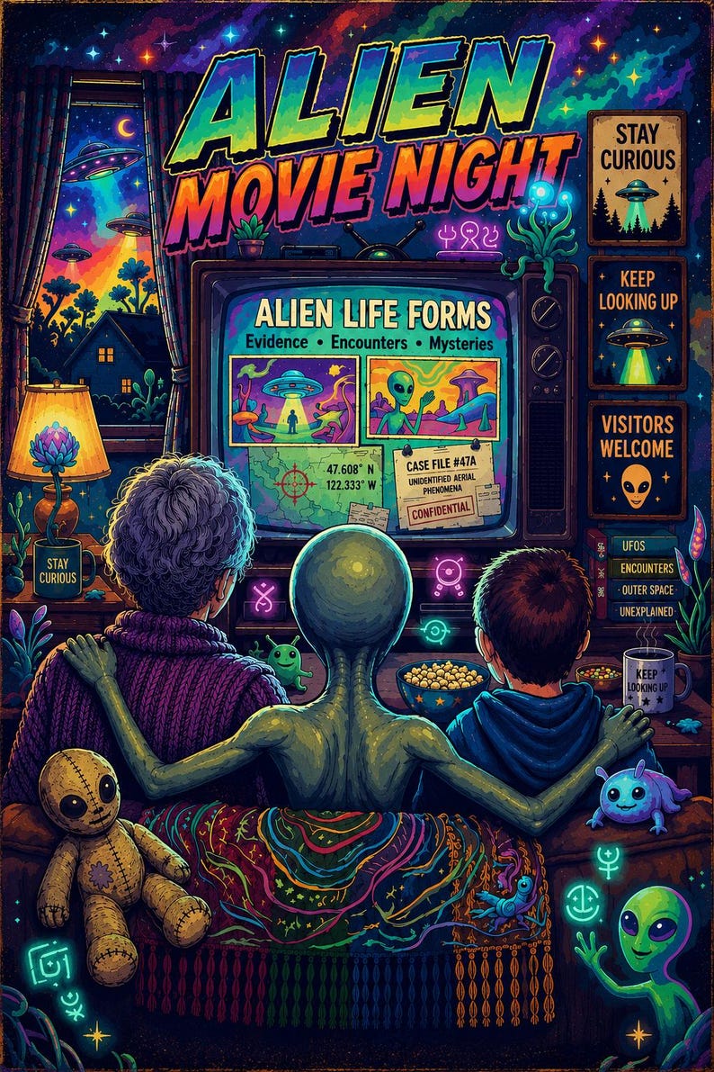 K&ouml;nnte beinhalten: Ein farbenfrohes Poster mit dem Titel ALIEN MOVIE NIGHT, das zwei Personen und einen Alien auf einem Sofa zeigt, die einen Fernseher mit der Aufschrift ALIEN LIFE FORMS, Evidence, Encounters, Mysteries, 47.608 N 122.333 W und CASE FILE #47A betrachten.