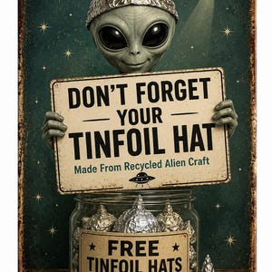 K&ouml;nnte beinhalten: Ein rechteckiges Metallschild mit einem grauen Alien, das einen Alufolienhut tr&auml;gt und ein Schild mit der Aufschrift DON'T FORGET YOUR TINFOIL HAT Made From Recycled Alien Craft h&auml;lt. Darunter steht ein Glas mit der Aufschrift FREE TINFOIL HATS TAKE ONE.