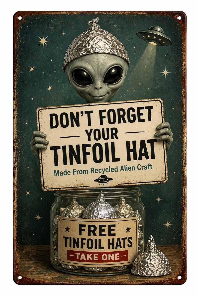K&ouml;nnte beinhalten: Ein rechteckiges Metallschild mit einem grauen Alien, das einen Alufolienhut tr&auml;gt und ein Schild mit der Aufschrift DON'T FORGET YOUR TINFOIL HAT Made From Recycled Alien Craft h&auml;lt. Darunter steht ein Glas mit der Aufschrift FREE TINFOIL HATS TAKE ONE.