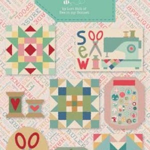 May include: A colorful illustration featuring the text "SEW HAPPY!" and various punch needle patterns. The design includes images of sewing machines, spools of thread, scissors, and quilt block designs in a variety of colors, perfect for sewing enthusiasts.