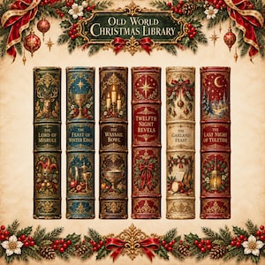 Può includere: Sei dorsi di libri in stile antico intitolati Old World Christmas Library, con dettagli dorati decorati, illustrazioni festive di cervi, calici, candele e scene invernali in verde, blu, crema e rosso, incorniciati da agrifoglio e nastri rossi.