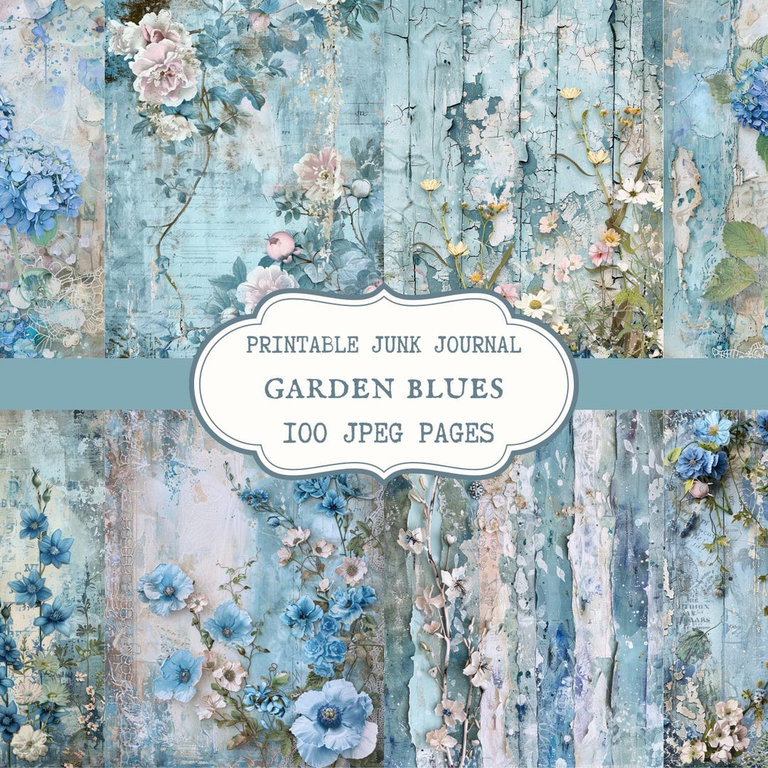 Garden Blues Junk Journal Pages, Shabby Chic Floral Printable Paper ...