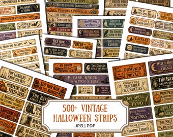 May include: A collection of rectangular printable labels featuring vintage Halloween themes, orange, purple, and green color palettes, and various spooky phrases like The Pumpkin Has Requested Privacy, Witch Hours Subject to Change, and 500+ Vintage Halloween Strips.